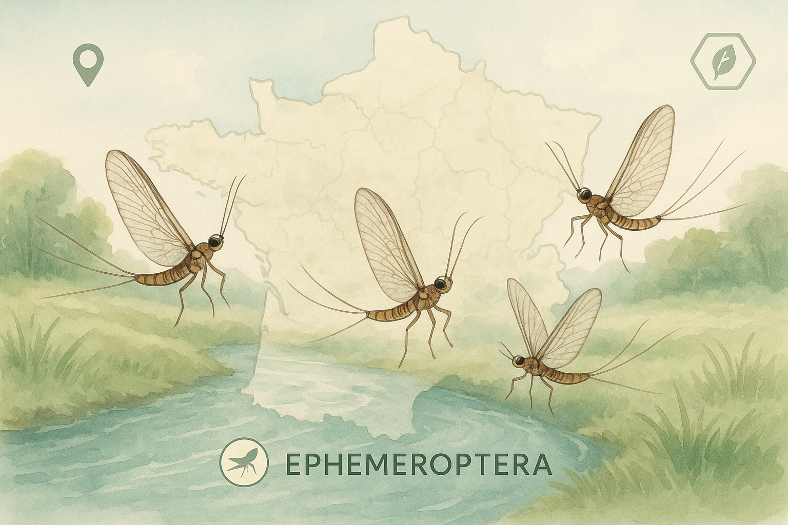 Illustration of mayflies over a French river with ecological survey elements